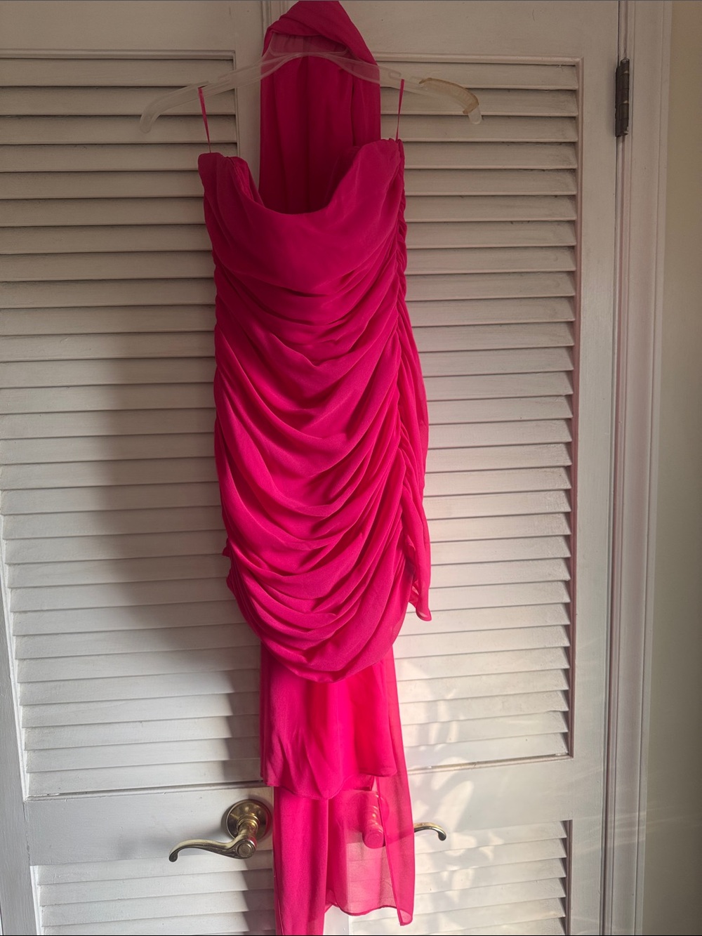 Hot Pink Ruched Strapless Evening Dress